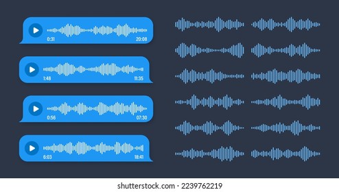 Voice, audio message, blue speech bubble. SMS text frame. Social media chat or messaging app conversation. Voice assistant, recorder. Sound wave pattern. Dark mode. Vector illustration
