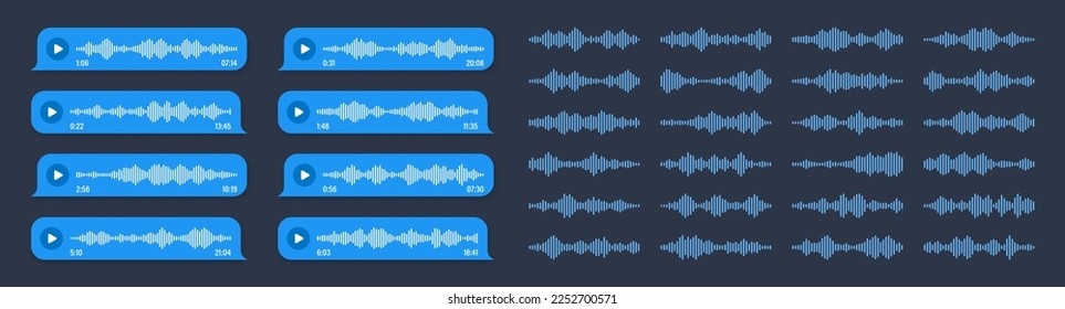 Voice, audio message, blue speech bubble. SMS text frame. Social media chat or messaging app conversation. Voice assistant, recorder. Sound wave pattern. Dark mode. Vector illustration