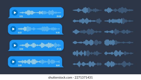 Voz, mensaje de audio, burbuja de voz azul. Marco de texto SMS. Chat en medios sociales o conversación con aplicaciones de mensajería. Asistente de voz, grabadora. Patrón de ondas sonoras. Modo oscuro. Ilustración del vector