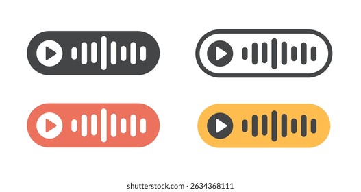Voice audio message button line stroke outline icon simple graphic illustration set, black white flat sound record notice element with play sign symbol image clip art