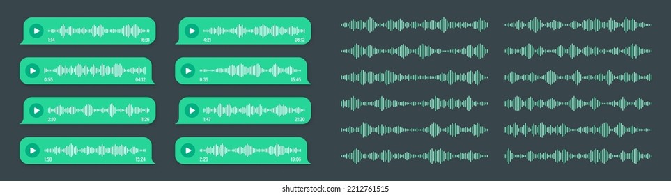 Voice, audio message, green speech bubble. SMS text frame. Social media chat or messaging app conversation. Voice assistant, recorder. Sound wave pattern. Dark mode. Vector illustration