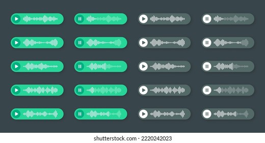 Voz, mensaje de audio, burbuja de voz verde. Marco de texto SMS. Chat en medios sociales o conversación con aplicaciones de mensajería. Asistente de voz, grabadora. Patrón de ondas sonoras. Modo oscuro. Ilustración del vector