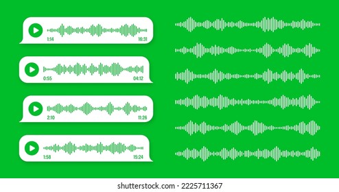 Voz, mensaje de audio, burbuja de voz verde. Marco de texto SMS. Chat en medios sociales o conversación con aplicaciones de mensajería. Asistente de voz, grabadora. Patrón de ondas sonoras. Ilustración del vector