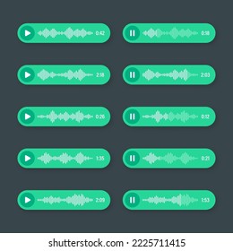 Voice, audio message, green speech bubble. SMS text frame. Social media chat or messaging app conversation. Voice assistant, recorder. Sound wave pattern. Dark mode. Vector illustration