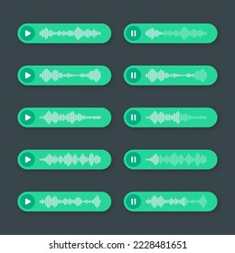 Voice, audio message, green speech bubble. SMS text frame. Social media chat or messaging app conversation. Voice assistant, recorder. Sound wave pattern. Dark mode. Vector illustration