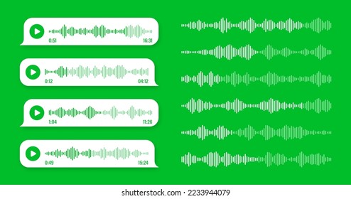 Voice, audio message, green speech bubble. SMS text frame. Social media chat or messaging app conversation. Voice assistant, recorder. Sound wave pattern. Vector illustration