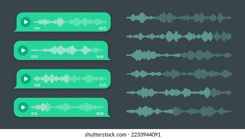 Voice, audio message, green speech bubble. SMS text frame. Social media chat or messaging app conversation. Voice assistant, recorder. Sound wave pattern. Dark mode. Vector illustration