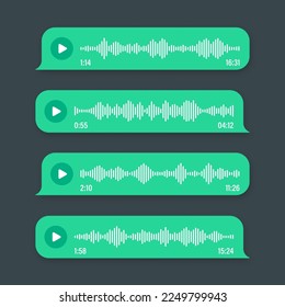 Voice, audio message, green speech bubble. SMS text frame. Social media chat or messaging app conversation. Voice assistant, recorder. Sound wave pattern. Dark mode. Vector illustration