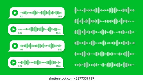 Stimme, Tonnachricht, grüne Sprachblase. SMS-Textrahmen. Chat in sozialen Medien oder Messaging-App-Konversation. Sprachassistent, Rekorder. Schallwellenmuster. Vektorgrafik