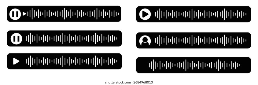 Symbolsatz für Sprach- und Audiomeldungen - Klangwellen, Chatblasen und Aufnahmesymbole, Vektorgrafik.