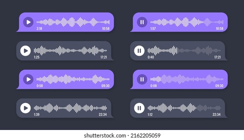 Voice, audio message, speech bubble. SMS text frame. Social media chat or messaging app conversation. Voice assistant, recorder. Sound wave pattern. Dark mode. Vector illustration