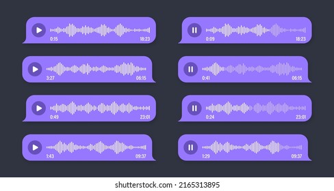 Voice, audio message, speech bubble. SMS text frame. Social media chat or messaging app conversation. Voice assistant, recorder. Sound wave pattern. Dark mode. Vector illustration