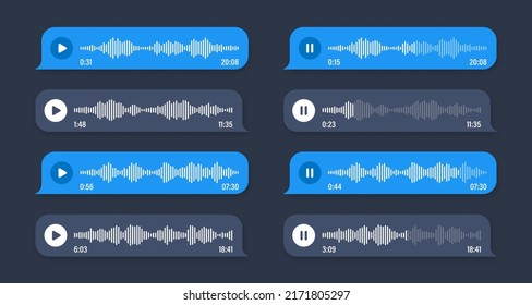 Voice, Audio Message, Speech Bubble. SMS Text Frame. Social Media Chat Or Messaging App Conversation. Voice Assistant, Recorder. Sound Wave Pattern. Dark Mode. Vector Illustration