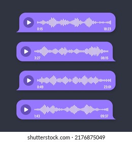 Voice, audio message, speech bubble. SMS text frame. Social media chat or messaging app conversation. Voice assistant, recorder. Sound wave pattern. Dark mode. Vector illustration