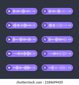 Voice, audio message, speech bubble. SMS text frame. Social media chat or messaging app conversation. Voice assistant, recorder. Sound wave pattern. Dark mode. Vector illustration