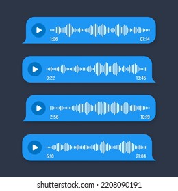 Voice, audio message, speech bubble. SMS text frame. Social media chat or messaging app conversation. Voice assistant, recorder. Sound wave pattern. Dark mode. Vector illustration