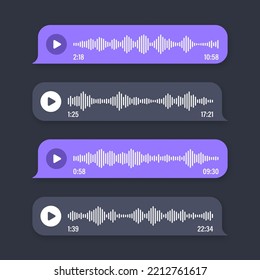 Voice, audio message, speech bubble. SMS text frame. Social media chat or messaging app conversation. Voice assistant, recorder. Sound wave pattern. Dark mode. Vector illustration