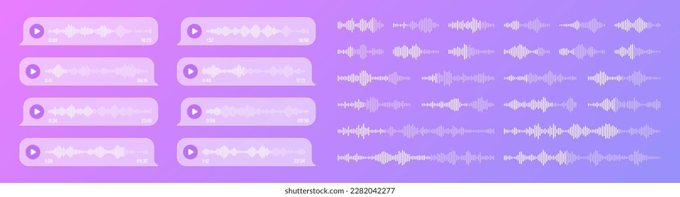 Voice, audio message, transparent speech bubbles. SMS text frame. Social media chat or messaging app conversation. Voice assistant, recorder. Sound wave pattern. Vector illustration