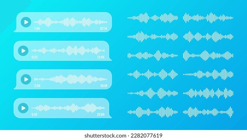 Voice, audio message, transparent speech bubbles. SMS text frame. Social media chat or messaging app conversation. Voice assistant, recorder. Sound wave pattern. Vector illustration