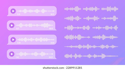 Voice, audio message, transparent speech bubbles. SMS text frame. Social media chat or messaging app conversation. Voice assistant, recorder. Sound wave pattern. Vector illustration