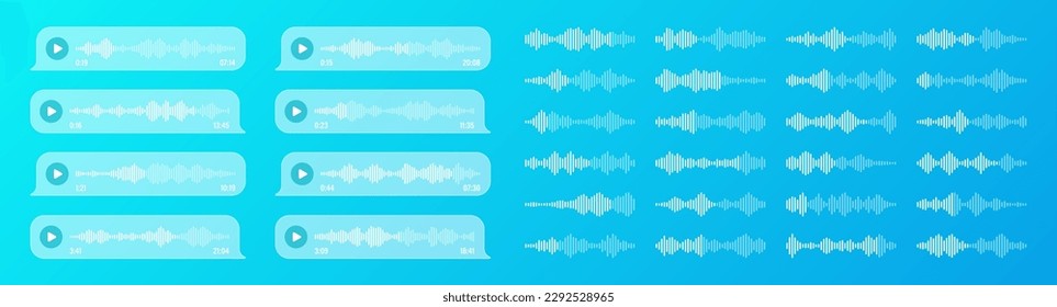 Voz, mensaje de audio, burbujas de voz transparentes. Marco de texto SMS. Chat en medios sociales o conversación con aplicaciones de mensajería. Asistente de voz, grabadora. Patrón de ondas sonoras. Ilustración del vector