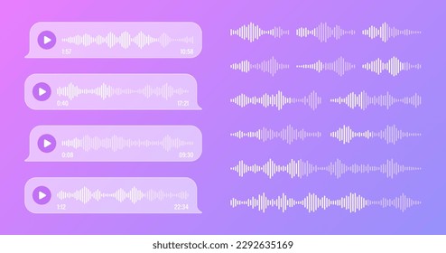 Voz, mensaje de audio, burbujas de voz transparentes. Marco de texto SMS. Chat en medios sociales o conversación con aplicaciones de mensajería. Asistente de voz, grabadora. Patrón de ondas sonoras. Ilustración del vector