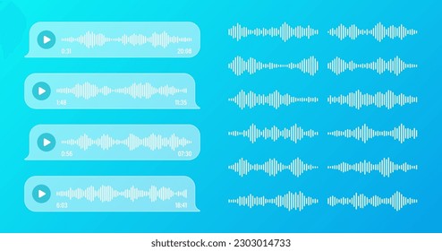 Voice, audio message, transparent speech bubbles. SMS text frame. Social media chat or messaging app conversation. Voice assistant, recorder. Sound wave pattern. Vector illustration