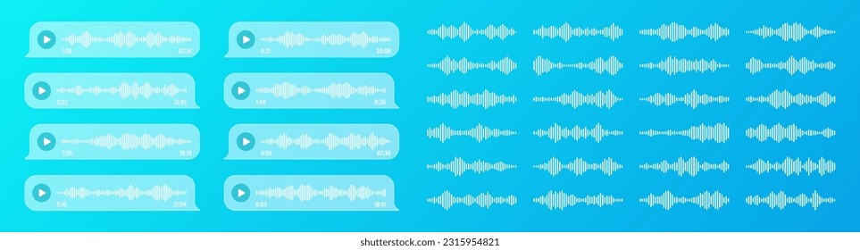 Voice, audio message, transparent speech bubbles. SMS text frame. Social media chat or messaging app conversation. Voice assistant, recorder. Sound wave pattern. Vector illustration
