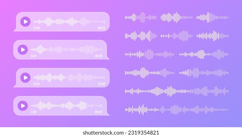 Voice, audio message, transparent speech bubbles. SMS text frame. Social media chat or messaging app conversation. Voice assistant, recorder. Sound wave pattern. Vector illustration