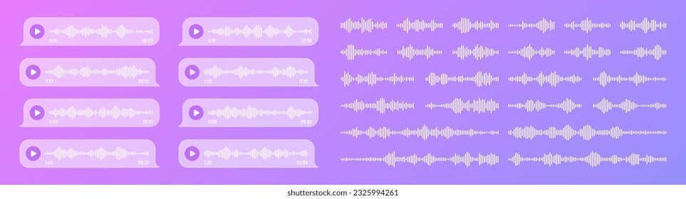 Voice, audio message, transparent speech bubbles. SMS text frame. Social media chat or messaging app conversation. Voice assistant, recorder. Sound wave pattern. Vector illustration