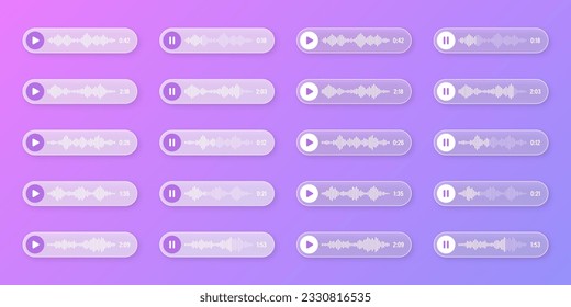 Voice, audio message, transparent speech bubbles. SMS text frame. Social media chat or messaging app conversation. Voice assistant, recorder. Sound wave pattern. Vector illustration