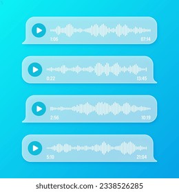 Voice, audio message, transparent speech bubbles. SMS text frame. Social media chat or messaging app conversation. Voice assistant, recorder. Sound wave pattern. Vector illustration