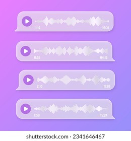 Stimme, Audiobotschaft, transparente Sprachblasen. SMS-Textrahmen. Chat in sozialen Medien oder Messaging-App-Konversation. Sprachassistent, Rekorder. Schallwellenmuster. Vektorgrafik