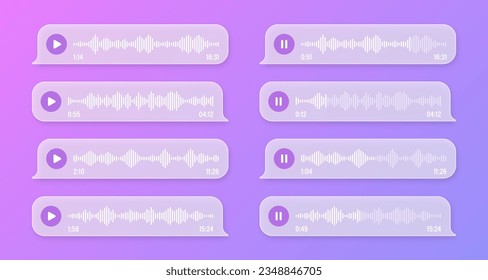 Voice, audio message, transparent speech bubbles. SMS text frame. Social media chat or messaging app conversation. Voice assistant, recorder. Sound wave pattern. Vector illustration