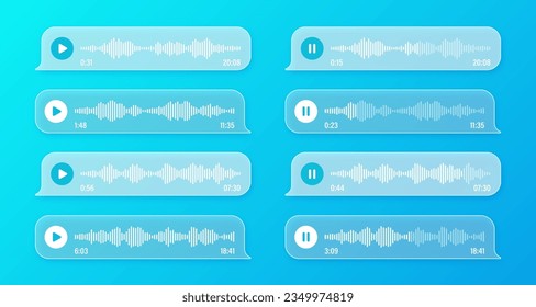 Voice, audio message, transparent speech bubbles. SMS text frame. Social media chat or messaging app conversation. Voice assistant, recorder. Sound wave pattern. Vector illustration
