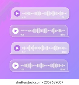 Voice, audio message, transparent speech bubbles. SMS text frame. Social media chat or messaging app conversation. Voice assistant, recorder. Sound wave pattern. Vector illustration