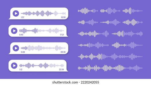 Voice, audio message, violet speech bubble. SMS text frame. Social media chat or messaging app conversation. Voice assistant, recorder. Sound wave pattern. Vector illustration