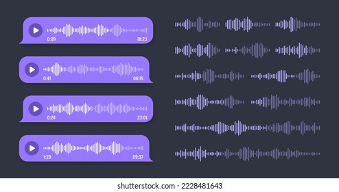 Voz, mensaje de audio, burbuja violeta de voz. Marco de texto SMS. Chat en medios sociales o conversación con aplicaciones de mensajería. Asistente de voz, grabadora. Patrón de ondas sonoras. Modo oscuro. Ilustración del vector