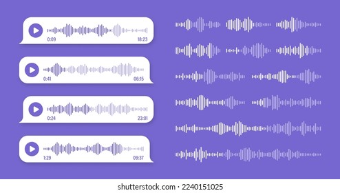 Voice, audio message, violet speech bubble. SMS text frame. Social media chat or messaging app conversation. Voice assistant, recorder. Sound wave pattern. Vector illustration