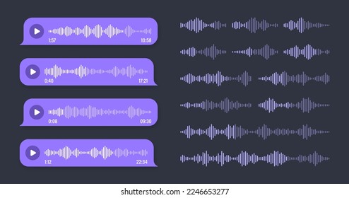 Voice, audio message, violet speech bubble. SMS text frame. Social media chat or messaging app conversation. Voice assistant, recorder. Sound wave pattern. Dark mode. Vector illustration