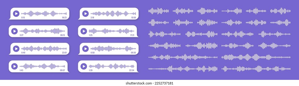 Voz, mensaje de audio, burbuja violeta de voz. Marco de texto SMS. Chat en medios sociales o conversación con aplicaciones de mensajería. Asistente de voz, grabadora. Patrón de ondas sonoras. Ilustración del vector