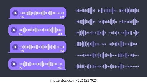 Stimme, Tonnachricht, violette Sprachblase. SMS-Textrahmen. Chat in sozialen Medien oder Messaging-App-Konversation. Sprachassistent, Rekorder. Schallwellenmuster. Dunkler Modus. Vektorgrafik