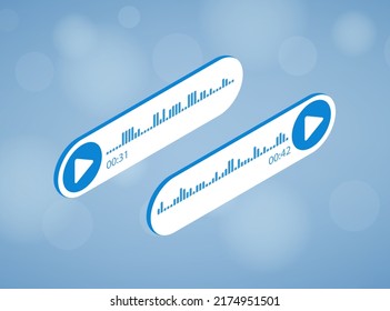 Concepto de mensajes de voz y audio. Burbujas con ondas de audio y emblema del micrófono. Isometric vector icon ilustración