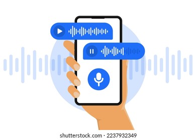 Voice and audio messages. Smartphone with voice messages on screen. Human hand holds smartphone with microphone button on screen and voice messages bubbles. Online chat. Vector illustration