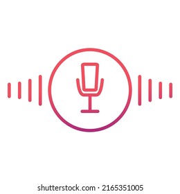 Voice and audio recognition.Voice recognition.AI personal assistant. Microphone icon button.Sound wave audio spectrum line.Gradient vector illustration.Frequency audio waveform.HUD interface element.