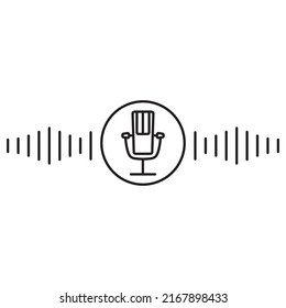 Reconocimiento de voz y audio.Reconocimiento de voz.Asistente personal de IA. Botón de icono del micrófono.Línea de espectro de audio de ondas de sonido.Ilustración vectorial gradiente.Forma de onda de audio de frecuencia.Elemento de interfaz HUD.