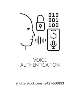 Voice authentication icon, biometric identification, recognition and verification isolated vector linear sign. Human face and soundwave symbol, signifying secure voice recognition and access control
