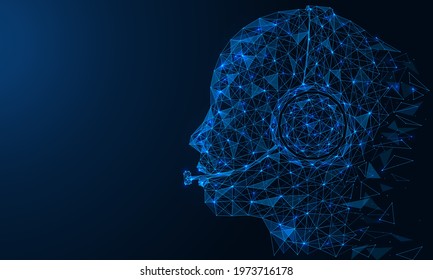 Voice automated robot assistant. Artificial intelligence communicates and answers calls using a headset. Polygonal construction of lines and points. Blue background.