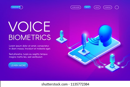 Voice biometrics technology vector illustration for personal identity recognition and access authentication. Digital audio sound scanner in smartphone microphone on purple ultraviolet background