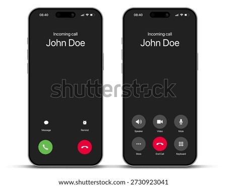 Voice call screen. Mockup incoming call, voicemail screen, smartphone interface vector UI UX template for application. New Call screen template. Mobile app display template. Vector illustration.